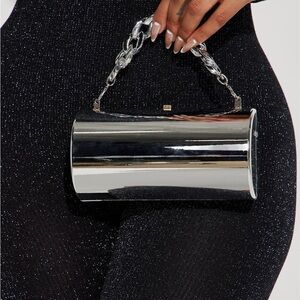 Sleek Silver Cylindrical Clutch with Chain Handle